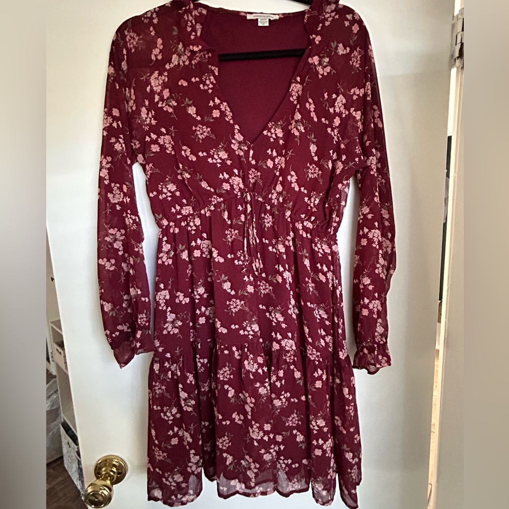 American Eagle Outfitters Burgundy Floral Long Sleeve Dress